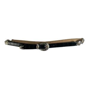 Enmon Belts Black Embossed Italian Leather Belt Silver Tone Hearts sz XL